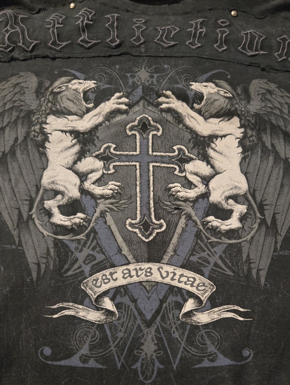Affliction Black Graphic Button-Down Shirt with Lion Cross Motif